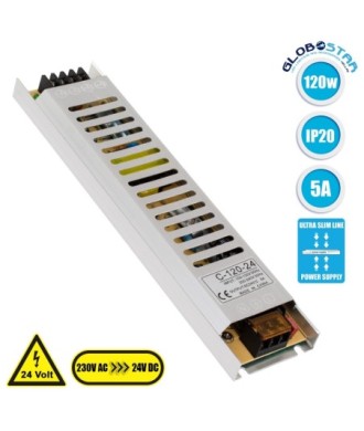 GLOBOSTAR® LUMISLIM 73015 Τροφοδοτικό-Μετασχηματιστής PELV 120W 5A DC 24V IP20 - AC 220-240V σε DC 24V - Μ22.5 x Π5.4 x Υ2.1cm - 3 Χρόνια Εγγύηση